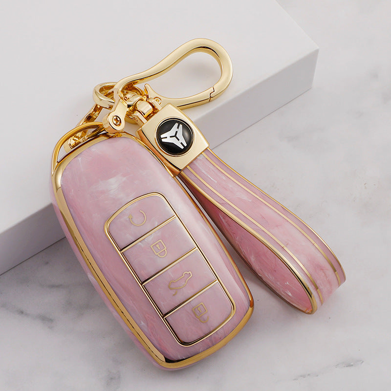 Carsine Chery Car Key Case Gold Inlaid With Jade Pink / Key case + strap
