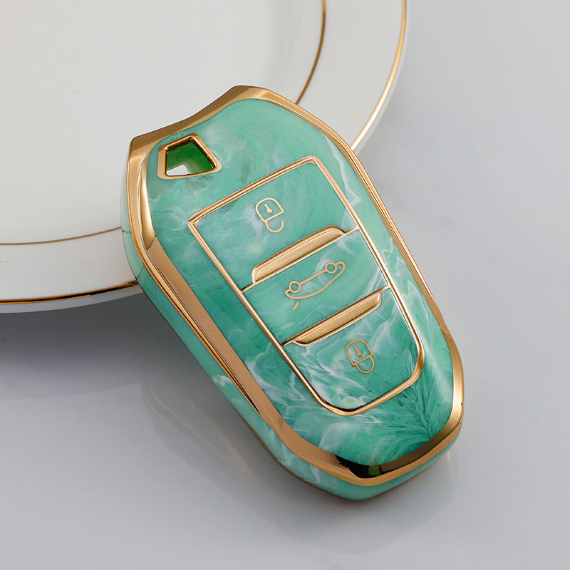 Carsine Citroen Peugeot Car Key Case Gold Inlaid With Jade Green / Key case