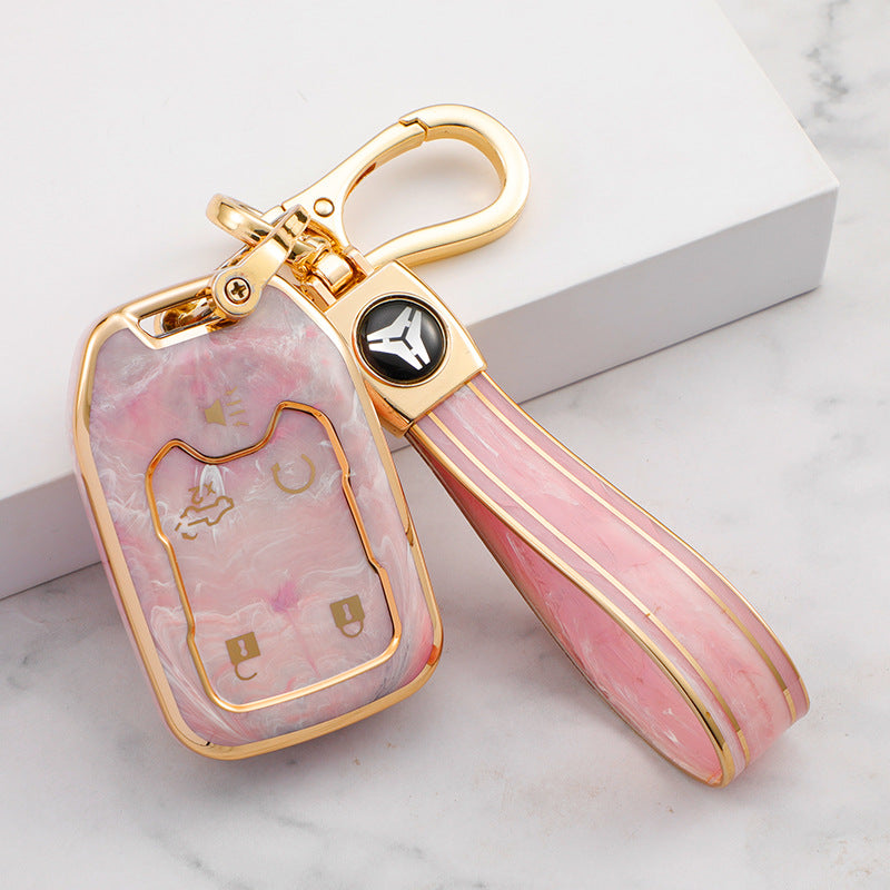 Carsine GMC Car Key Case Gold Inlaid With Jade Pink / Key case + strap