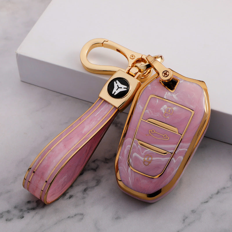 Carsine Citroen Peugeot Car Key Case Gold Inlaid With Jade Pink / Key case + strap