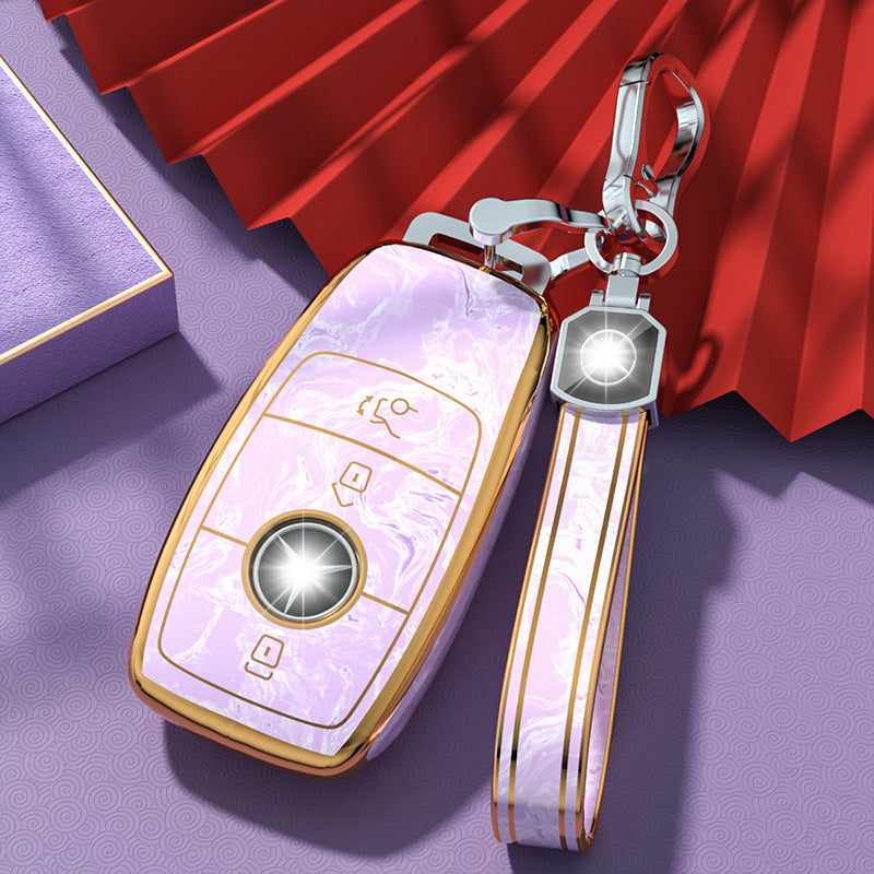 Carsine Mercedes Benz Car Key Case Gold Inlaid With Jade Pink / Key case + strap