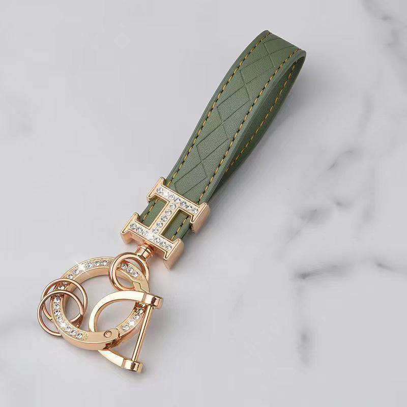 Carsine Leather Rhinestones Key Strap Golden Edge Green