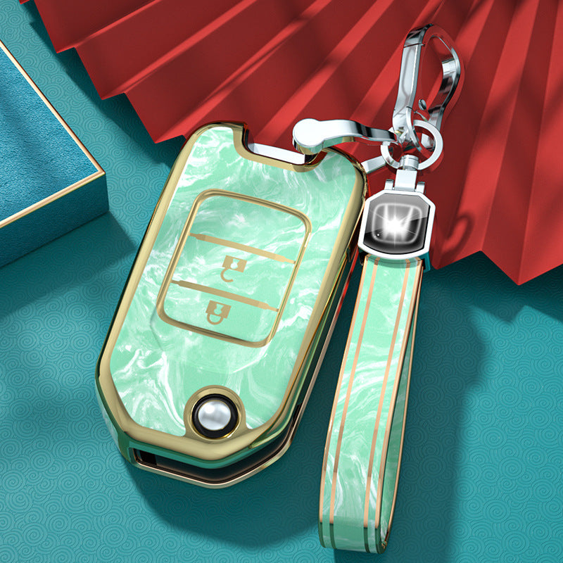 Carsine Honda Car Key Case Gold Inlaid With Jade Green / Key case + strap
