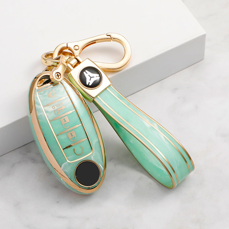 Carsine Nissan Car Key Case Gold Inlaid With Jade Green / Key case + strap