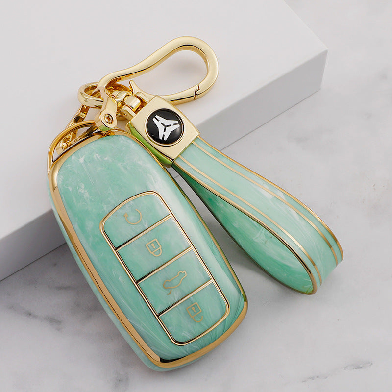 Carsine Chery Car Key Case Gold Inlaid With Jade Green / Key case + strap