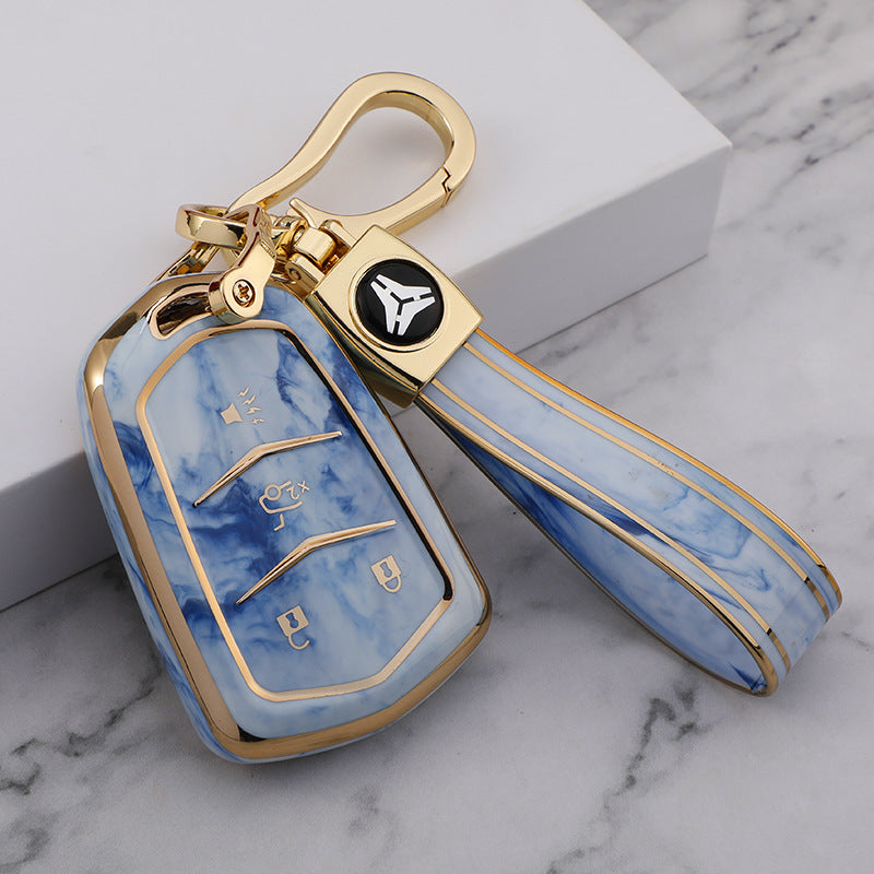 Carsine Cadillac Car Key Case Gold Inlaid With Jade Blue / Key case + strap