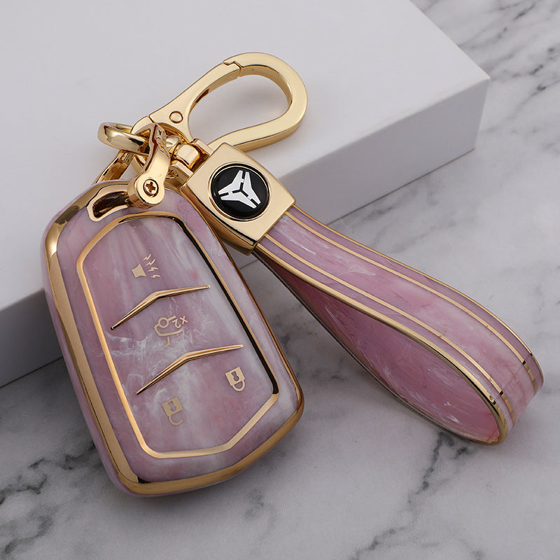 Carsine Cadillac Car Key Case Gold Inlaid With Jade Pink / Key case + strap