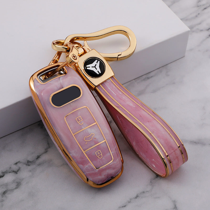 Carsine Audi Car Key Case Gold Inlaid With Jade Pink / Key case + strap