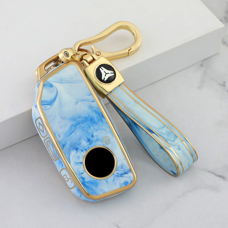 Carsine BMW Car Key Case Gold Inlaid With Jade Blue / Key case + strap