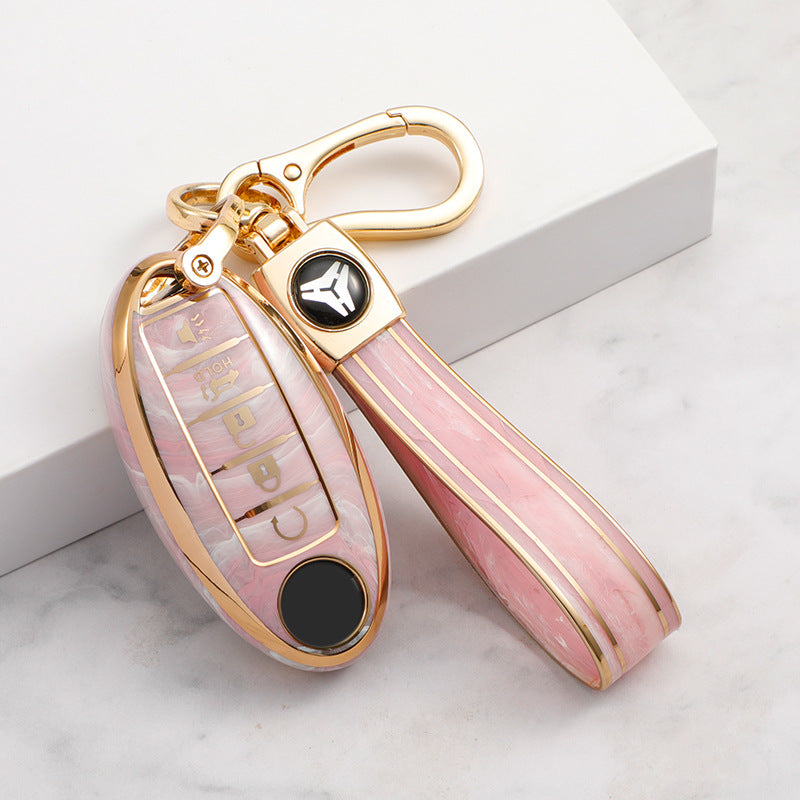 Carsine Nissan Car Key Case Gold Inlaid With Jade Pink / Key case + strap