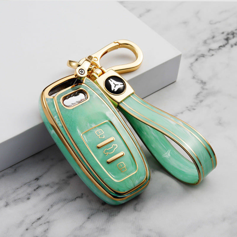 Carsine Audi Car Key Case Gold Inlaid With Jade Green / Key case + strap