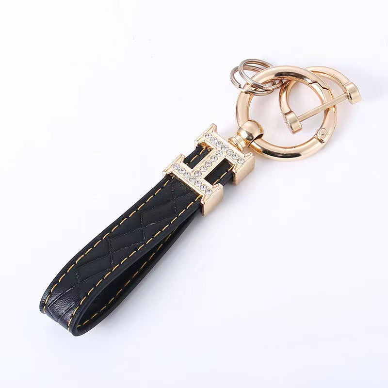 Carsine Leather Rhinestones Key Strap Golden Edge Black