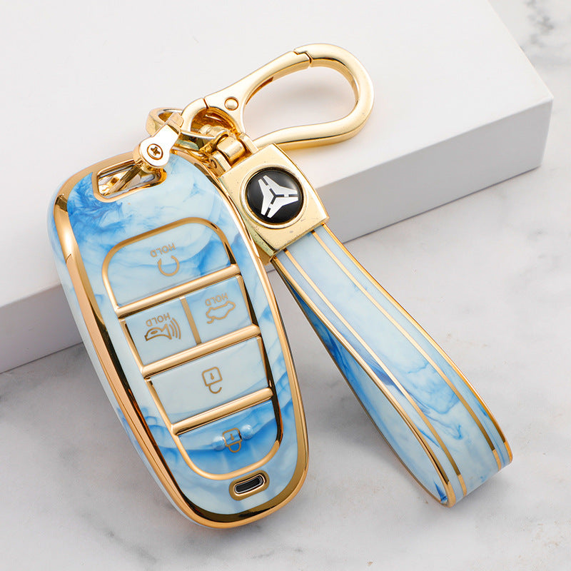 Carsine Hyundai Car Key Case Gold Inlaid With Jade Blue / Key case + strap