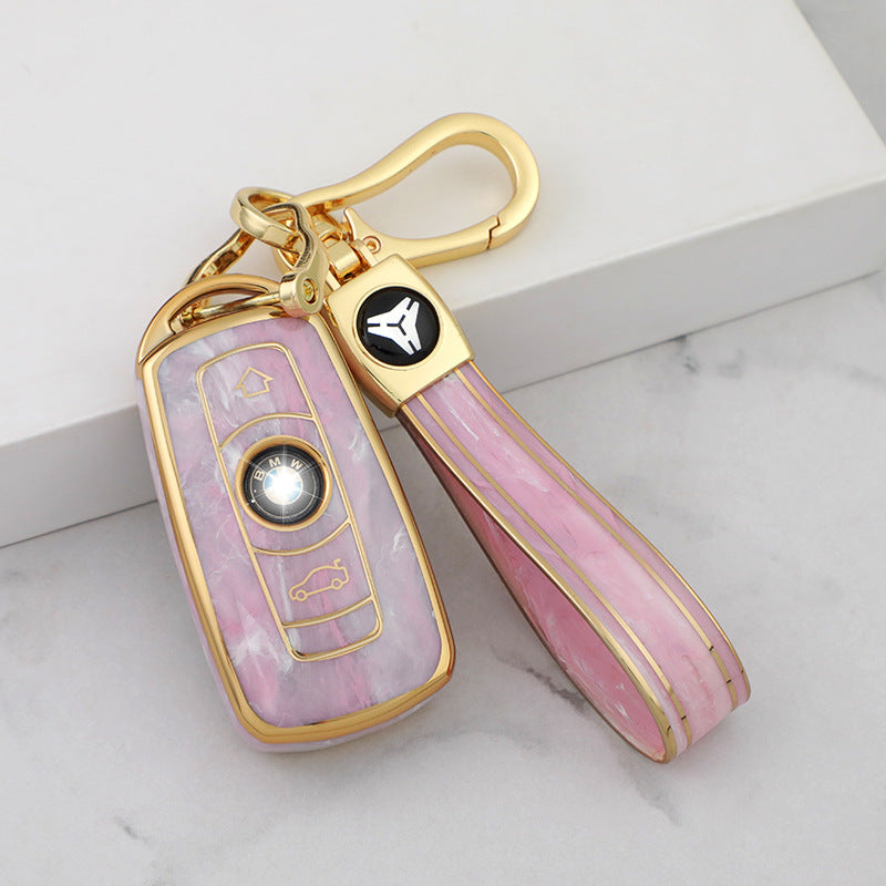 Carsine BMW Car Key Case Gold Inlaid With Jade Pink / Key case + strap