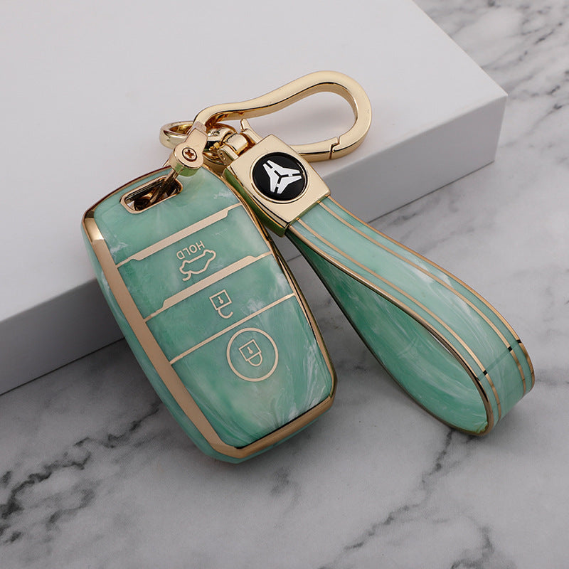 Carsine Kia Car Key Case Gold Inlaid With Jade Green / Key case + strap