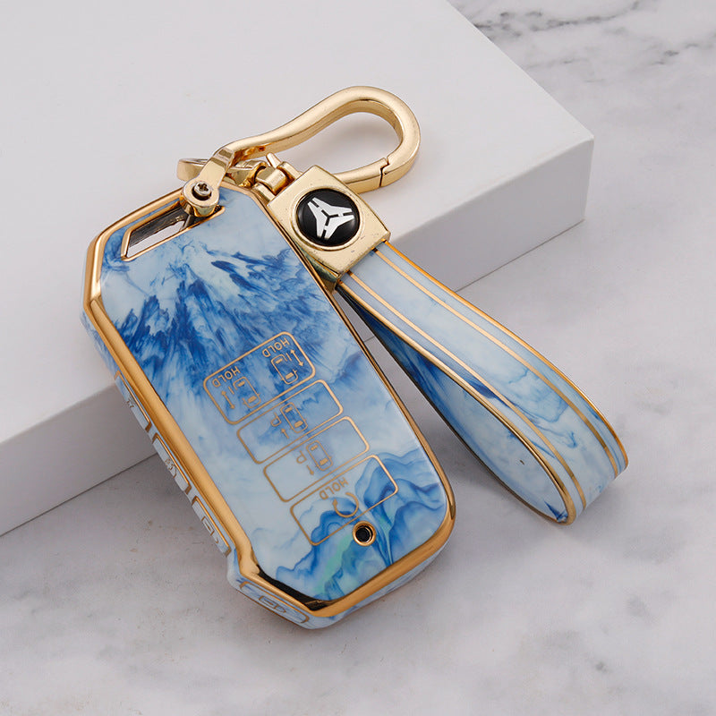 Carsine Kia Car Key Case Gold Inlaid With Jade Blue / Key case + strap