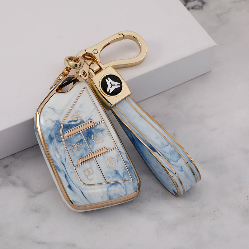 Carsine Cadillac Car Key Case Gold Inlaid With Jade Blue / Key case + strap