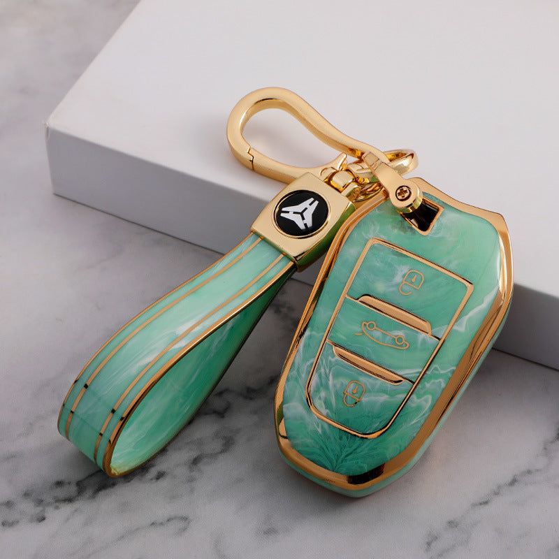 Carsine Citroen Peugeot Car Key Case Gold Inlaid With Jade Green / Key case + strap