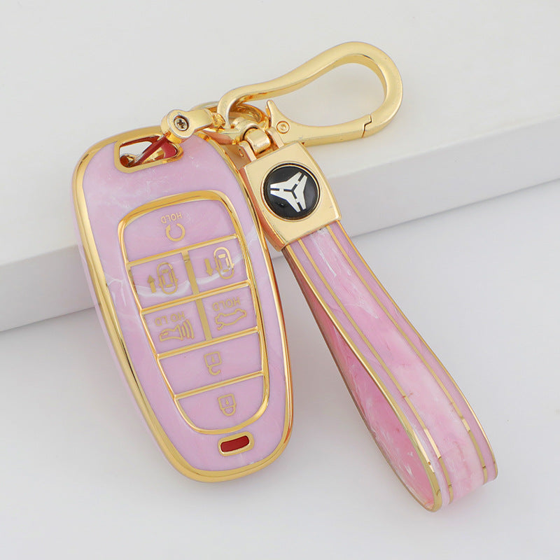 Carsine Hyundai Car Key Case Gold Inlaid With Jade Pink / Key case + strap