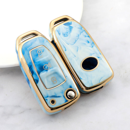 Carsine TATA Car Key Case Gold Inlaid With Jade Blue