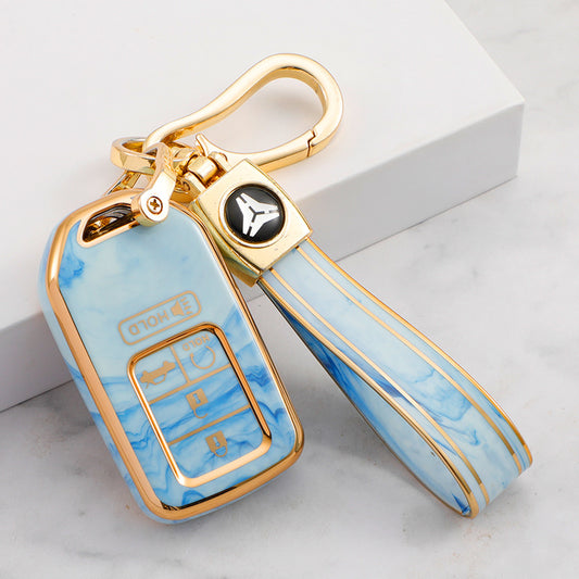 Carsine Honda Car Key Case Gold Inlaid With Jade Blue / Key case + strap