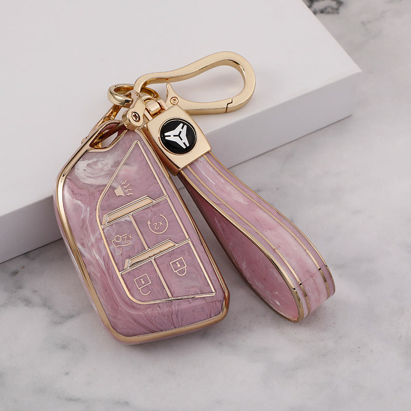 Carsine Cadillac Car Key Case Gold Inlaid With Jade Pink / Key case + strap