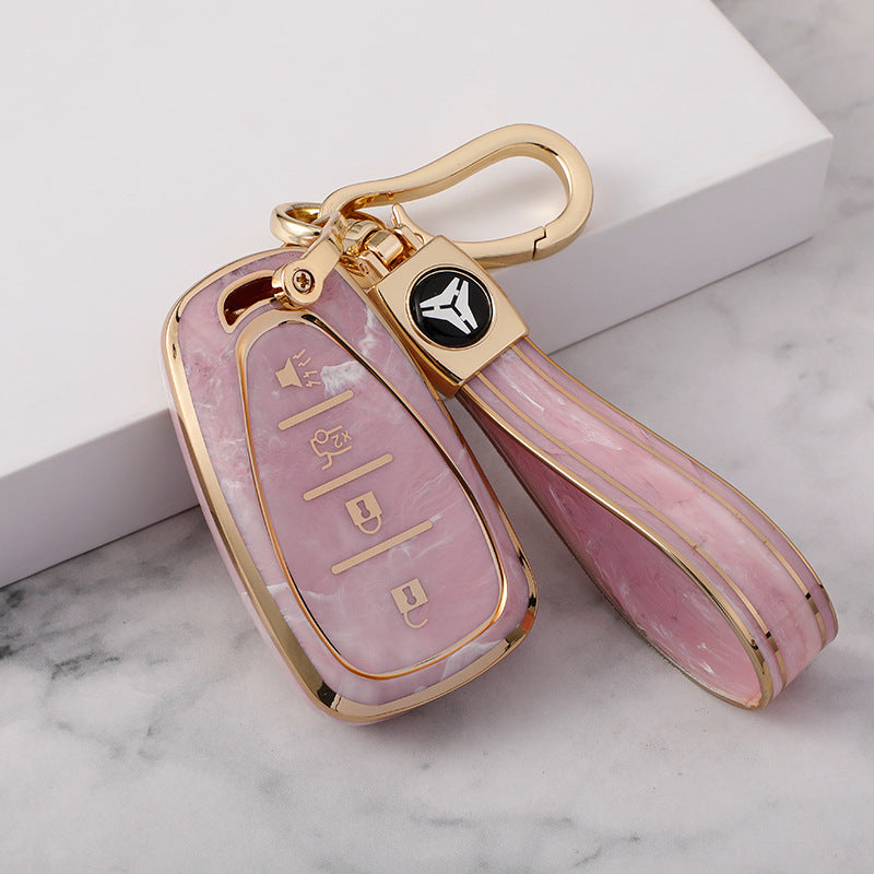 Carsine Chevrolet Car Key Case Gold Inlaid With Jade Pink / Key case + strap