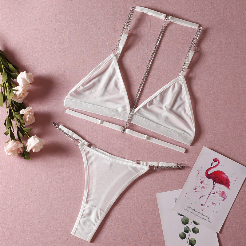 Metal chain bra thong sexy lingerie three piece set G string Thong