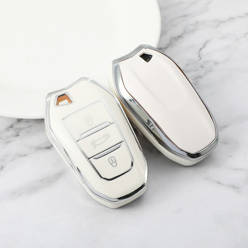 Carsine Citroen Peugeot Car Key Cover Silver Edge White