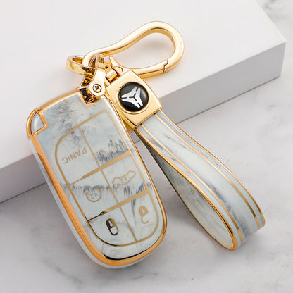 Carsine Jeep Dodge Chrysler Car Key Case Gold Inlaid With Jade Grey / Key case + strap