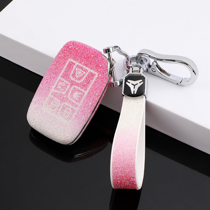 Carsine Land Rover Jaguar Car Key Case Rhinestones Pink / Key case + strap