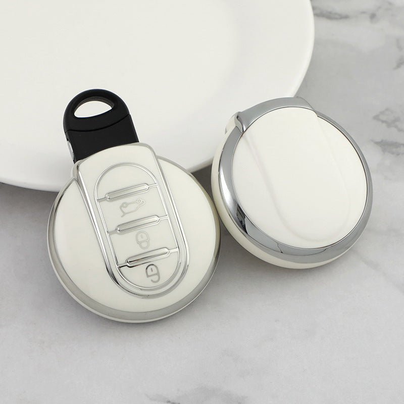 Carsine BMW Mini Car Key Cover Silver Edge White / Key case