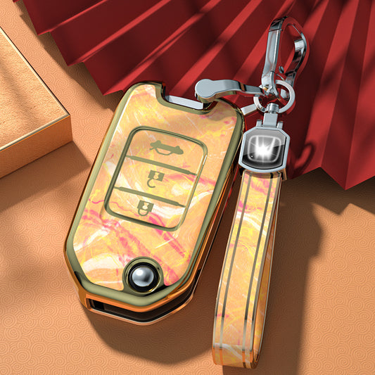 Carsine Honda Car Key Case Gold Inlaid With Jade Yellow / Key case + strap