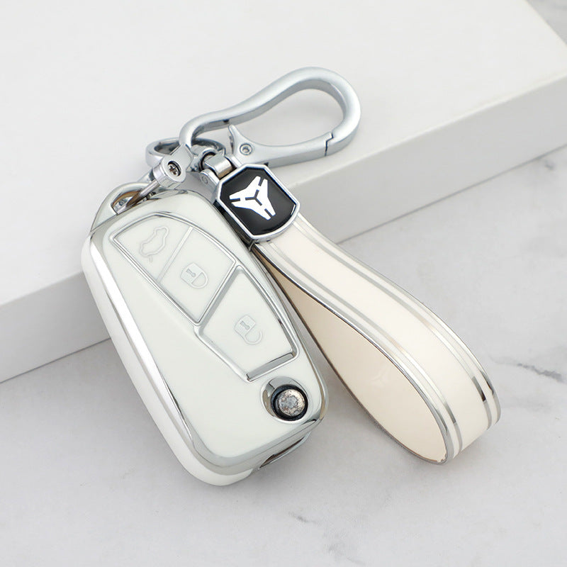 Carsine Fiat Car Key Cover Silver Edge White / Key case + strap