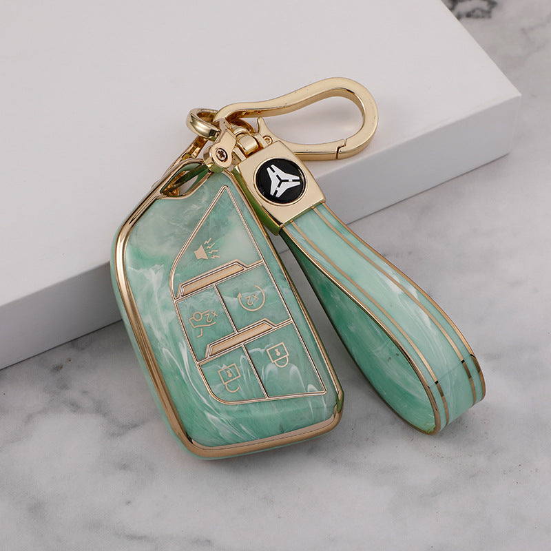 Carsine Cadillac Car Key Case Gold Inlaid With Jade Green / Key case + strap