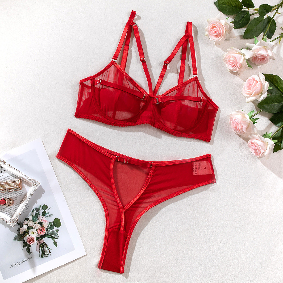 Mesh see-through sexy lingerie 2 piece set G string Thong