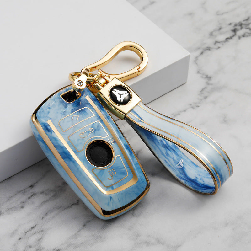 Carsine BMW Car Key Case Gold Inlaid With Jade Blue / Key case + strap