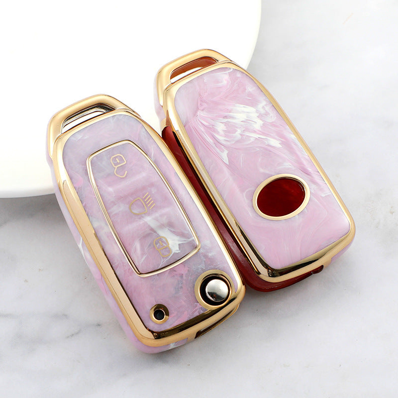 Carsine TATA Car Key Case Gold Inlaid With Jade Pink