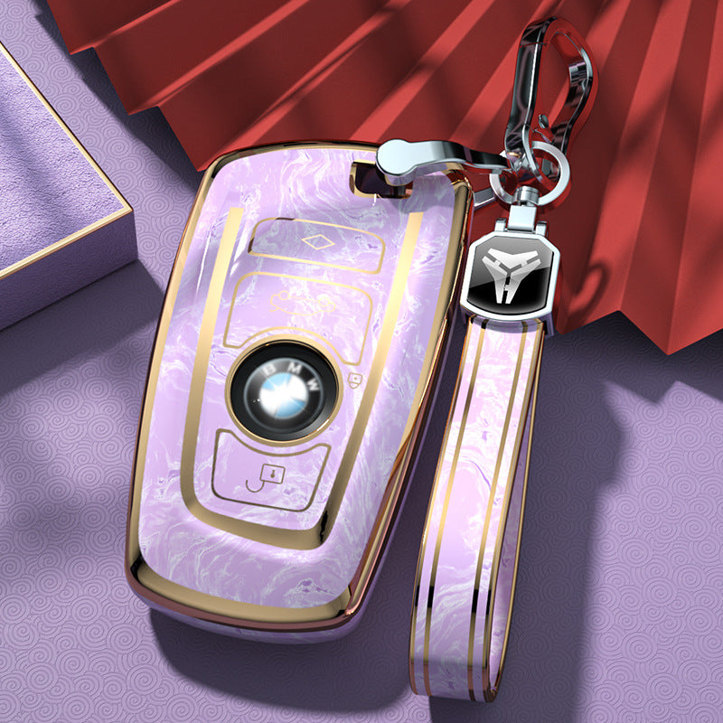 Carsine BMW Car Key Case Gold Inlaid With Jade Pink / Key case + strap