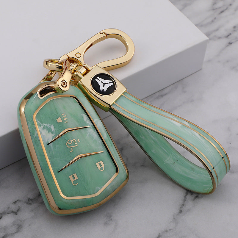 Carsine Cadillac Car Key Case Gold Inlaid With Jade Green / Key case + strap