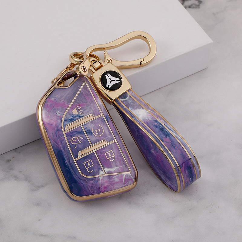 Carsine Cadillac Car Key Case Gold Inlaid With Jade Purple / Key case + strap