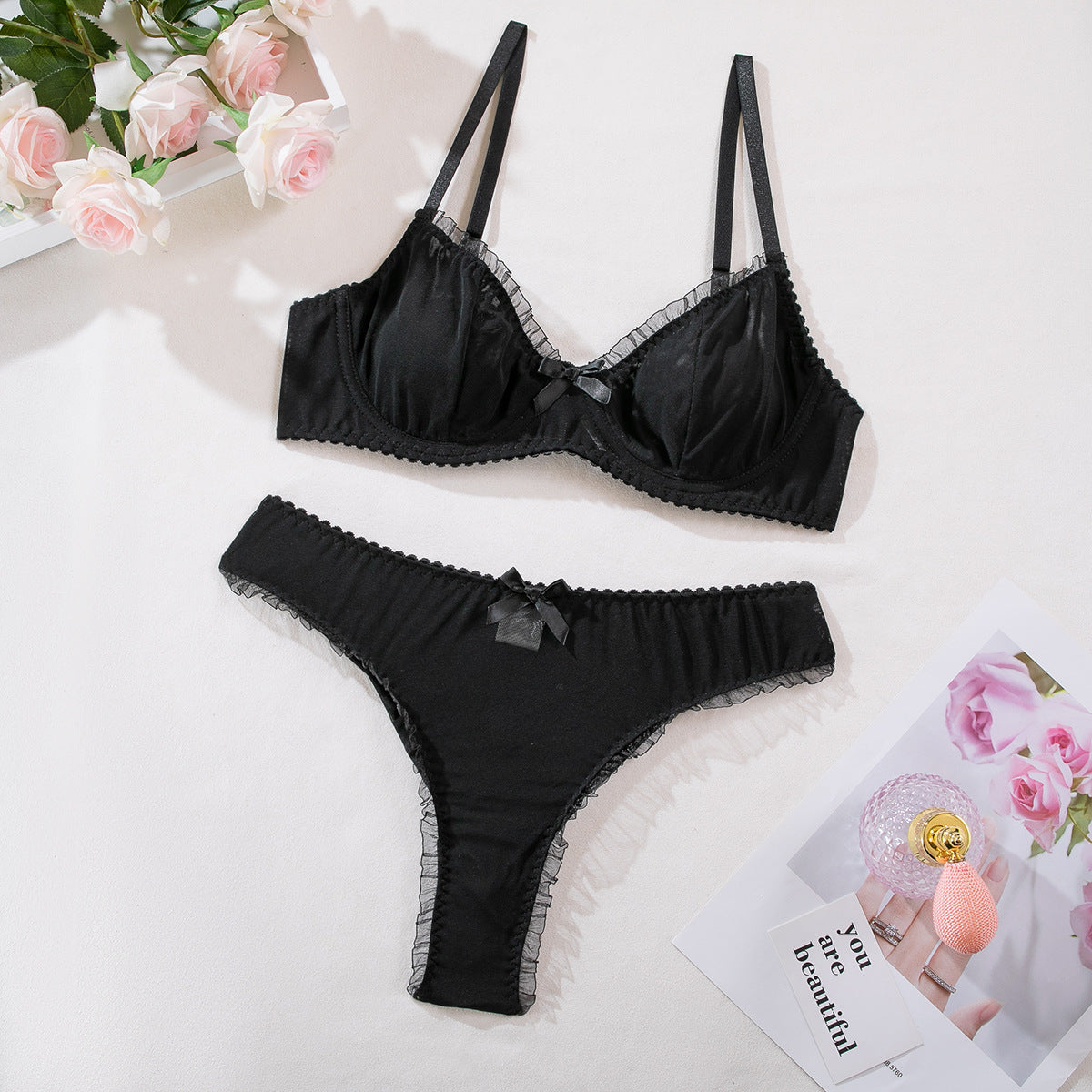 Ruffle hem simple sexy lingerie two piece set G string Thong