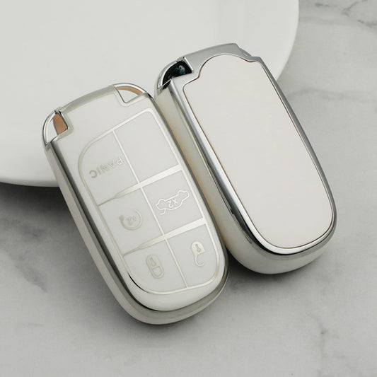 Carsine Jeep Dodge Chrysler Car Key Cover Silver Edge White / Key case