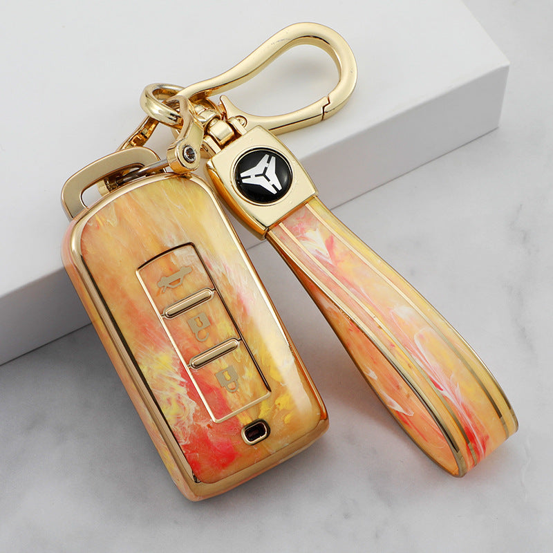 Carsine Mitsubishi Car Key Case Gold Inlaid With Jade Yellow / Key case + strap