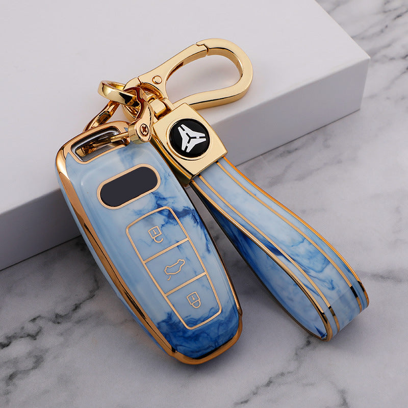 Carsine Audi Car Key Case Gold Inlaid With Jade Blue / Key case + strap