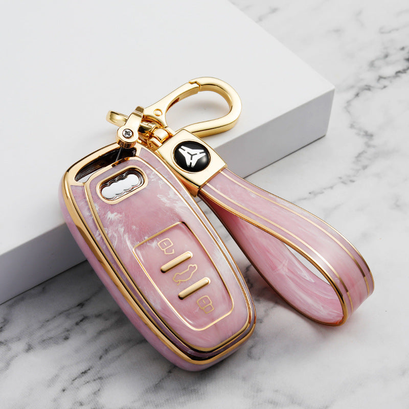 Carsine Audi Car Key Case Gold Inlaid With Jade Pink / Key case + strap