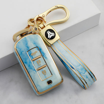 Carsine Mitsubishi Car Key Case Gold Inlaid With Jade Blue / Key case + strap