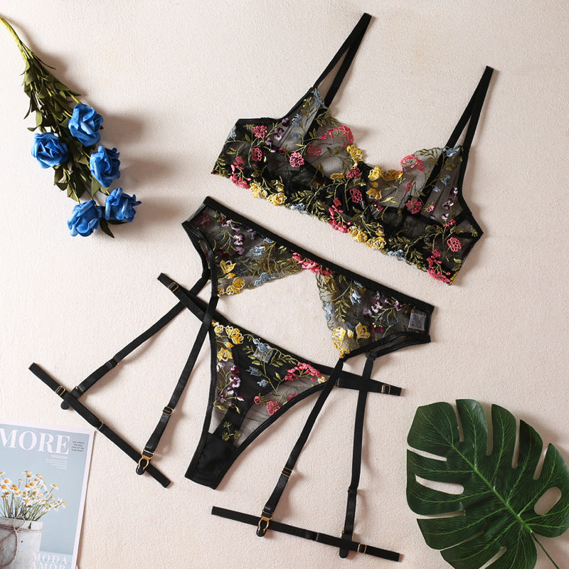 Black Sexy Lingerie 4-Piece Set T-Back with Leg Rings G string Thong