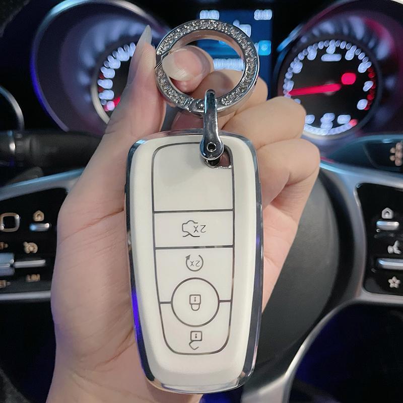 Carsine Lincoln Car Key Case Silver Edge 4 Buttons / White / Key case + O chain