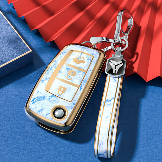 Carsine Nissan Car Key Case Gold Inlaid With Jade Blue / Key case + strap